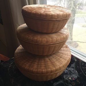 Set of three stacking boho wicker baskets